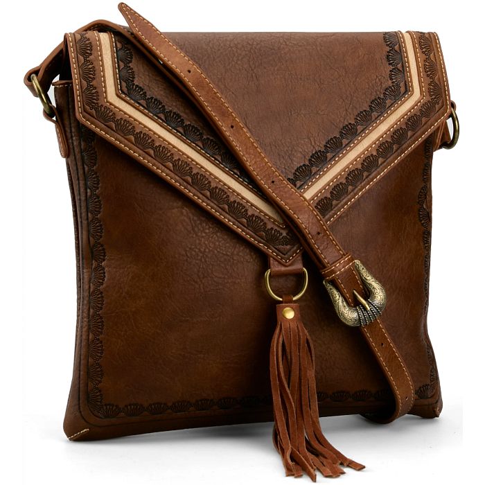 Justin Ladies Cross Body Tan W/Seed Sunburst And Tassel